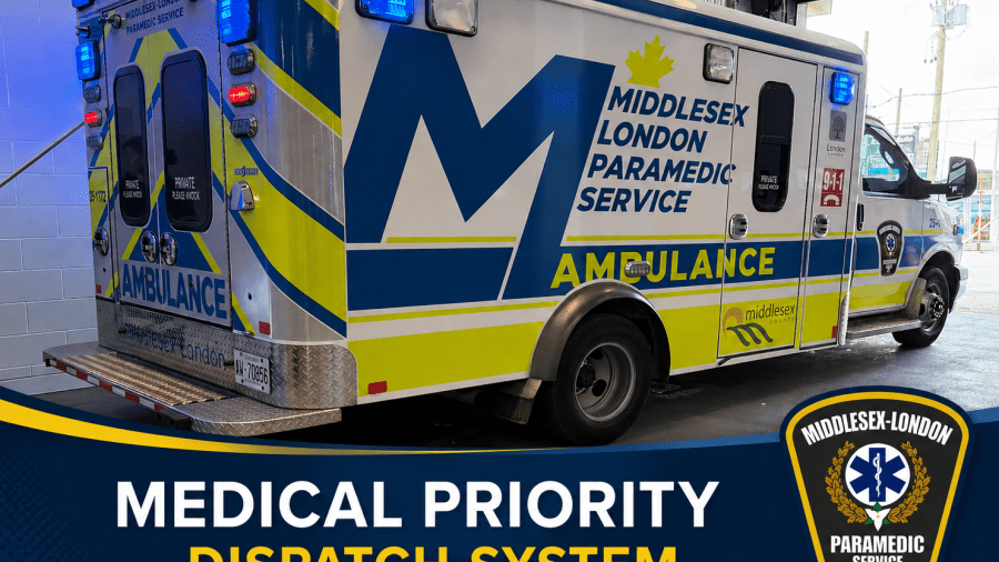 Photo of an ambulance that has Middlesex London Paramedic Service on the ambulance with the words Medical Priority Dispatch System on the bottom of the photo. 