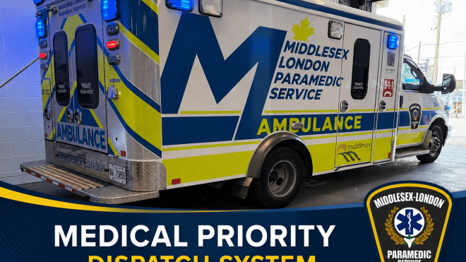 Photo of an ambulance that has Middlesex London Paramedic Service on the ambulance with the words Medical Priority Dispatch System on the bottom of the photo. 