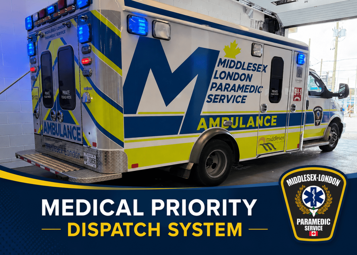 Photo of an ambulance that has Middlesex London Paramedic Service on the ambulance with the words Medical Priority Dispatch System on the bottom of the photo. 